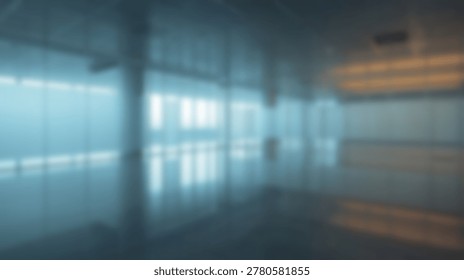 A soft focus view of a spacious modern office interior featuring glass partitions and reflective flooring under dim ambient lighting conditions