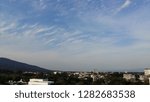 soft focus white cloud at the blue sky, mountain and city are background