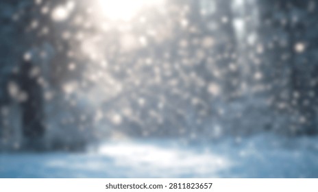 A soft focus winter scene featuring a snowy forest path illuminated by glowing sunlight and shimmering snowflakes.