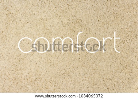 Soft furry carpet texture. Comfort, text
