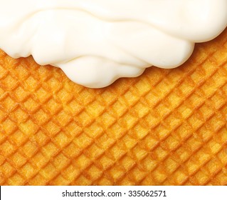 Soft Ice Cream Over Waffle Texture Closeup