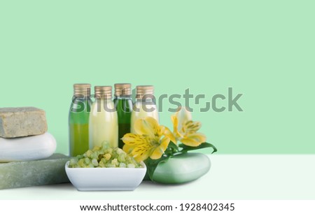 Similar – Image, Stock Photo Green cosmetics bottle with flowers and spa accessories