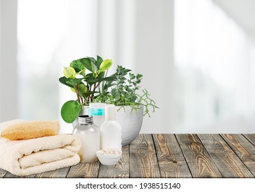 Soft Light Bathroom Decor, Towel, Soap With Flowers, Accessories On Desk