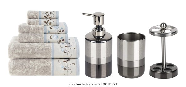 Soft light bathroom decor, towel, soap dispenser, accessories on white background.  - Shutterstock ID 2179483393