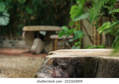 Soft Light Empty Top Table Of Old Wood Stump In Tropical Garden Fresh Green Plant Blur Background With Copy Space.idea For Product Placement Display,nature Outdoor Backyard Design.