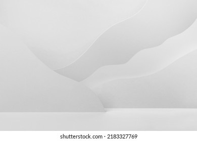 Soft light white abstract stage mockup with mountains soft light white and grey color in minimal style. Showcase template  for advertising, presentation produce, poster, flyer, card, text.