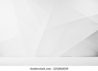 Soft light white abstract stage in elegant futuristic geometric style with simple lines and corners, polygons as background with white wood shelf for advertisement, presentation products, design. - Shutterstock ID 2253818359