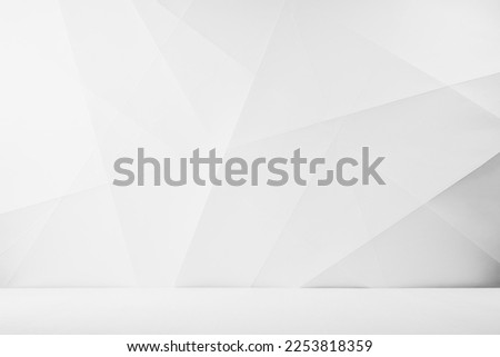 Soft light white abstract stage in elegant futuristic geometric style with simple lines and corners, polygons as background with white wood shelf for advertisement, presentation products, design. 商業照片 © 