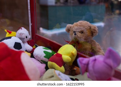 A soft lonely bear sadly looks at a slot machine with soft toys.