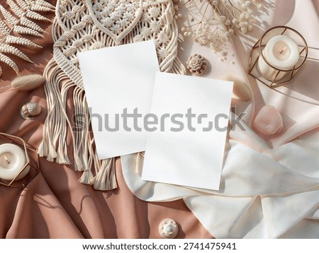 Soft neutral flat lay with blank papers for mockup, macrame, dried flowers, candles and pink stone on pastel fabric; boho feminine wedding or stationery styling with copy space.