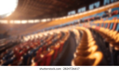 A soft out of focus perspective of rows of seating inside a massive sports stadium or concert hall venue with bright overhead lights