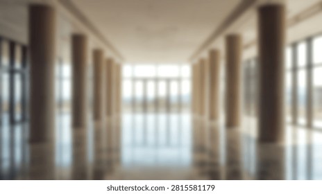 A soft out of focus view of a spacious contemporary building lobby featuring tall pillars polished floors and bright natural light from large windows