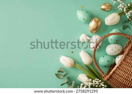 Soft Pastel Easter Eggs and White Tulips in a Basket for a Festive Spring Celebration