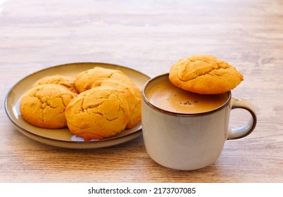 Soft Peanut Butter Cookies With Cup Of Coffee