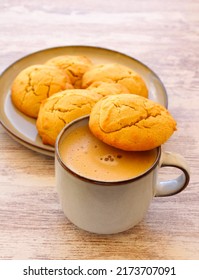 Soft Peanut Butter Cookies With Cup Of Coffee