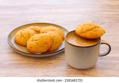 Soft Peanut Butter Cookies With Cup Of Coffee