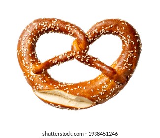 Soft Pretzel With Sesame Seeds Isolated On White Background.