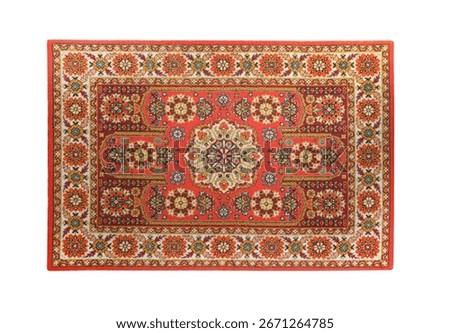 Soft red carpet with pattern isolated on white, top view. Used stuff