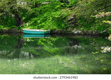 Soft reflections of the surrounding trees and a small rowboat moored at the water’s edge.
