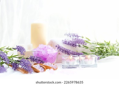 Soft and select focus. Spa beauty massage health wellness background.  Spa Thai therapy treatment aromatherapy for body woman with lavender flower nature candle for relax and summer time - Powered by Shutterstock