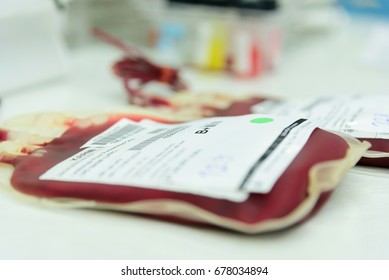 Soft And Selective Focus Blood Group, B Of Blood Bag Fresh Donor Blood For Transfusion For Cross Matching In Laboratory Room.