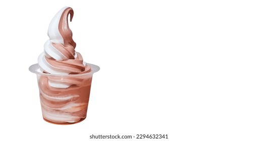 Soft serve ice cream in a transparent cup isolated on white background. Mix Chocolate Vanilla twist flavor. Cold and sweet dessert. Landscape with copy space on the right side.