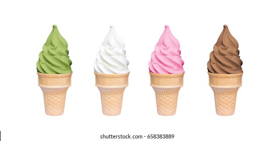 Soft serve ice cream of vanilla, strawberry, chocolate and green tea flavours on crispy cone isolated on white background (clipping path included)