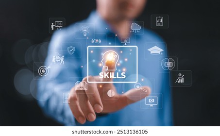 Soft skill individual development concept. Teamwork study up new ability, business technology evolution. HR learning interpersonal. Student hand touch digital icon. Competency training education