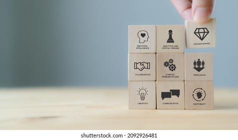 Soft skills concept. Used for presentation, banner. Hand puts wooden cubes with icons of "SOFT SKILLS" ; creativity, EQ, Problem solving, persuasion, collaboration, adaptability  on grey background. - Shutterstock ID 2092926481
