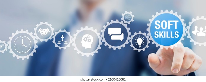 Soft skills HR concept with teamwork, communication, leadership, emotional intelligence, time management icons. Human resources, employee training and personal development for career opportunities. - Shutterstock ID 2100418081