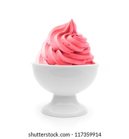 Soft Strawberry Ice Cream In Bowl On White Background