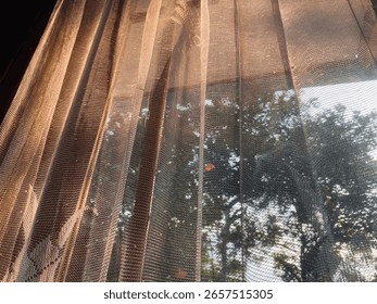 Soft sunlight filtering through mesh curtains with tree shadows outside. Great for cozy interiors, calm atmosphere, and natural light studies.