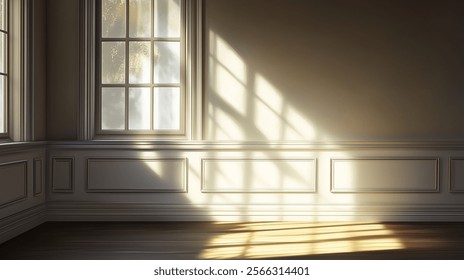 Soft sunlight streams through elegant windows, casting warm shadows on the classic wainscoting and hardwood floor. The refined interior radiates a serene, timeless atmosphere.