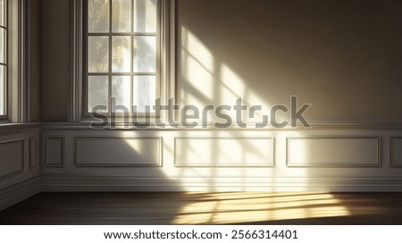 Soft sunlight streams through elegant windows, casting warm shadows on the classic wainscoting and hardwood floor. The refined interior radiates a serene, timeless atmosphere.