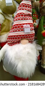 Soft Toy Funny Gnome Santa Claus In Knitted Hat. Crafters Virtual Christmas Fair. Cute Handmade Gift. Happy New Year. Xmas Collection. Sewing Doll For Kids. Shopping. Craft Show. Traditional Festival.