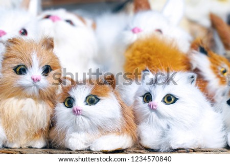 Soft toys kittens sitting in front of the camera