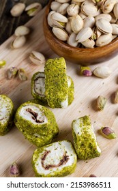 soft Turkish delight confection with pistachio nuts and chocolate, layered Turkish delight with milk chocolate and crushed pistachios