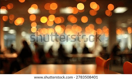 Soft, warm bokeh lights create a cozy and inviting ambiance in a dimly lit restaurant, with silhouettes of people visible in the background.
