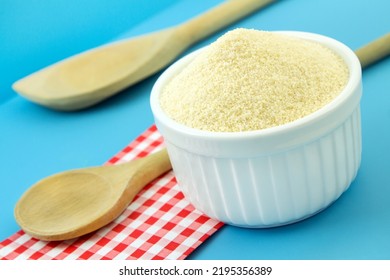 Soft Wheat Semolina Flour And Bowl Close Up