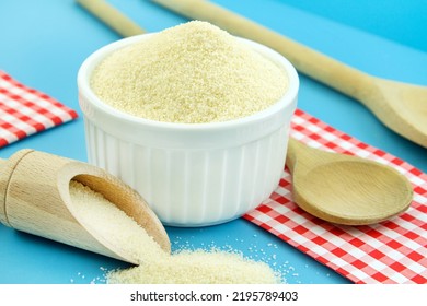 Soft Wheat Semolina Flour And Bowl Close Up
