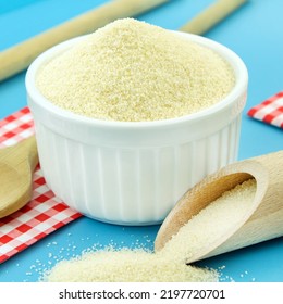 Soft Wheat Semolina Flour And Bowl Close Up