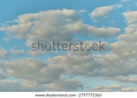 Soft, white clouds float gracefully in a serene blue sky during the late afternoon. The peaceful scene evokes a sense of calm and tranquility, inviting deep breaths and daydreams.