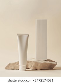 Soft white cream skin care tube with packaging box on stone with light beige background mockup, product photography 