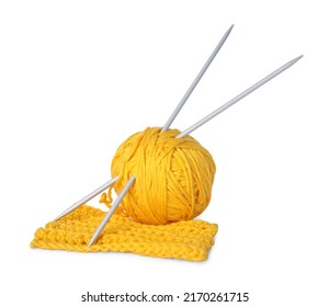 Soft Yellow Woolen Yarn, Knitting And Metal Needles On White Background