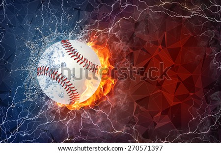 Softball ball on fire and water with lightening around on abstract polygonal background. Horizontal layout with text space.