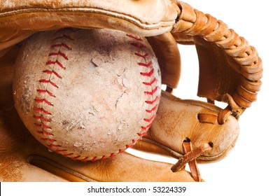 Softball In Mitt Isolated On White Background