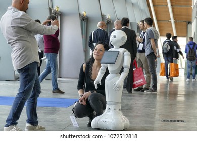 Softbank Pepper Robot Provide Assistance In Automation Fair Turin Italy April 18 2018