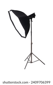 Softbox with flash on tripod stand isolated on white background.