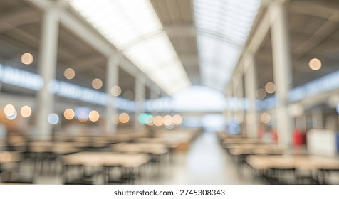 A soft-focus image capturing the interior of a large, contemporary cafeteria, featuring rows of unoccupied tables and chairs under bright, diffused lighting, creating a serene and expansive atmospher.