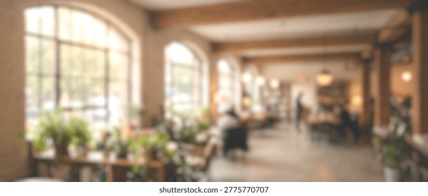 A soft-focus image capturing the warm and inviting ambiance of a cafe or restaurant, featuring large windows, lush greenery, and indistinct figures of patrons.